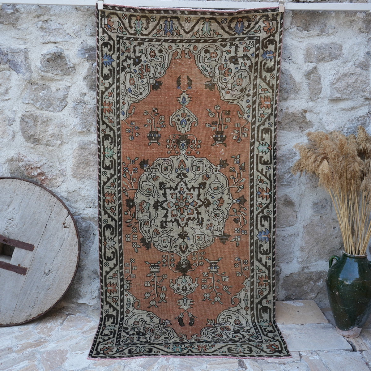 Orange 4' x 8' vintage turkish rug with traditional design, handmade in Turkey – Ulla.