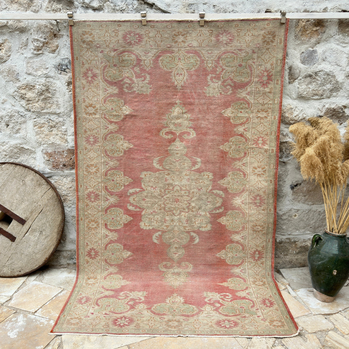 Red 5' x 10' vintage turkish rug with traditional design, handmade in Turkey – Leonard.