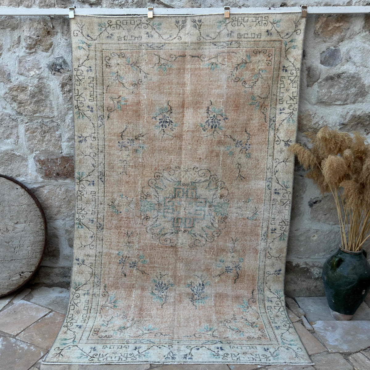 Orange 5' x 8' vintage turkish rug with medallion design, handmade in Turkey – Dena.