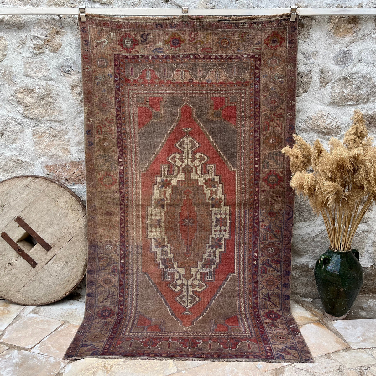 Red 5' x 8' vintage turkish rug with traditional design, handmade in Turkey – Eunice.