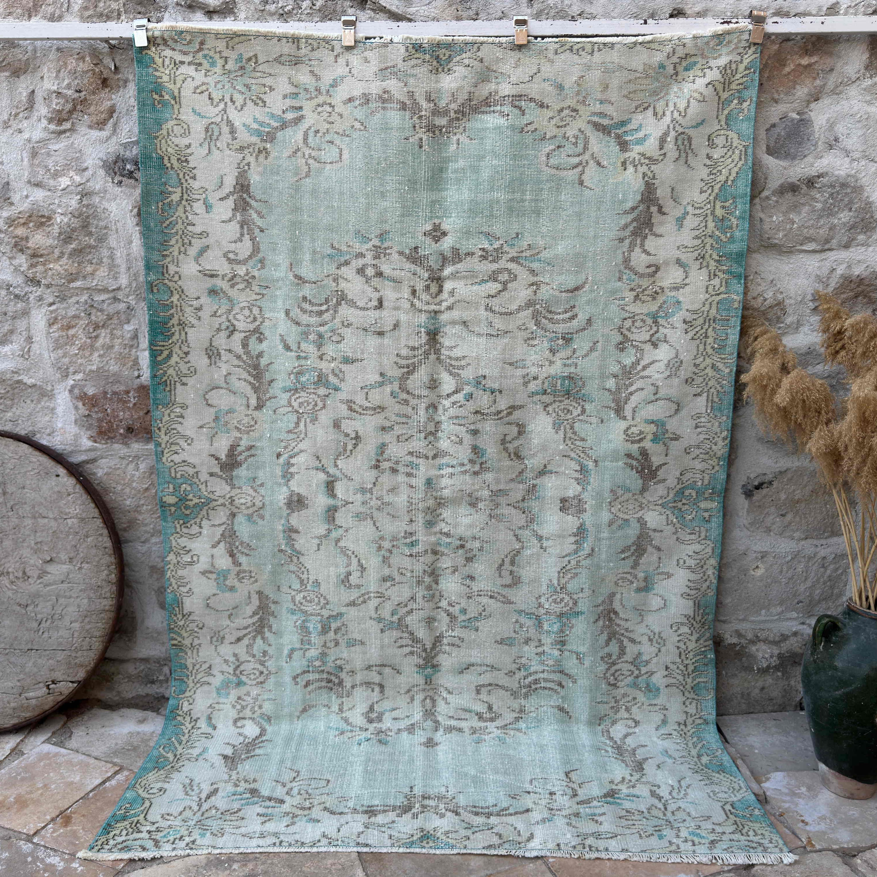 Blue 6' x 8' vintage turkish rug with medallion design, handmade in Turkey – Damir.