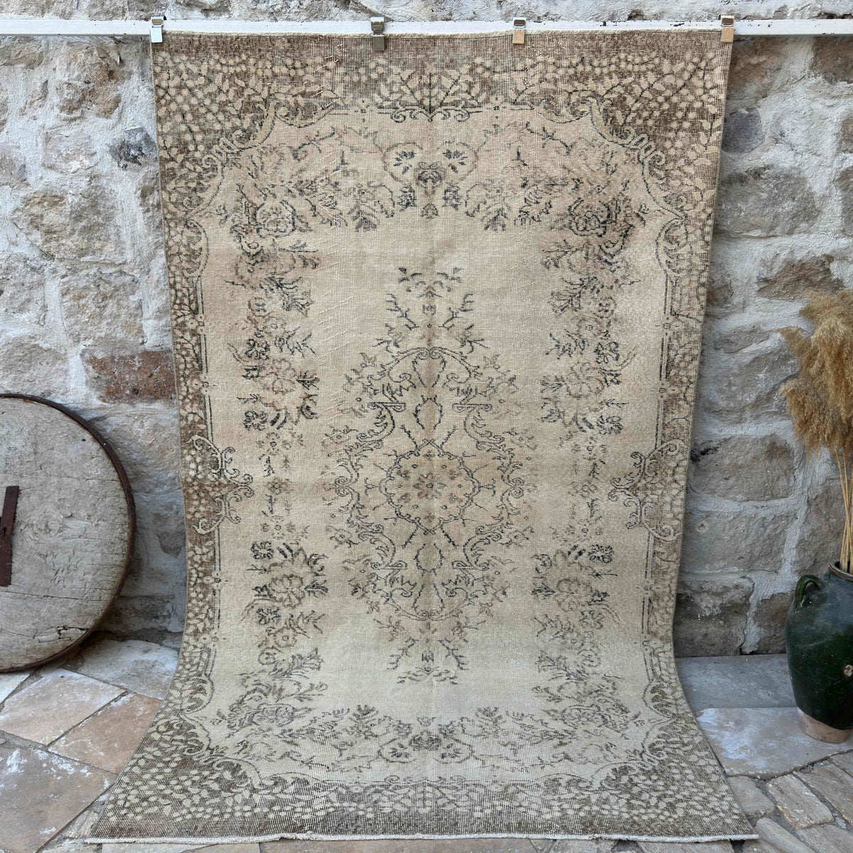 Beige 6' x 9' vintage turkish rug with neutral design, handmade in Turkey – Rupert.
