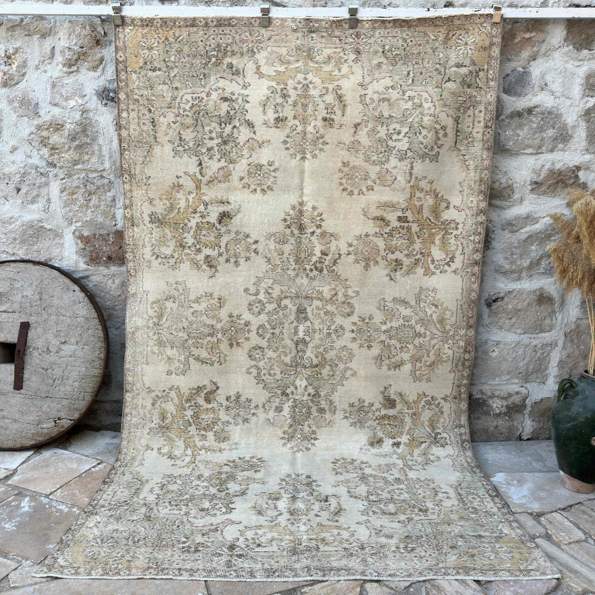 Beige 6' x 9' vintage turkish rug with traditional design, handmade in Turkey – Zoey.