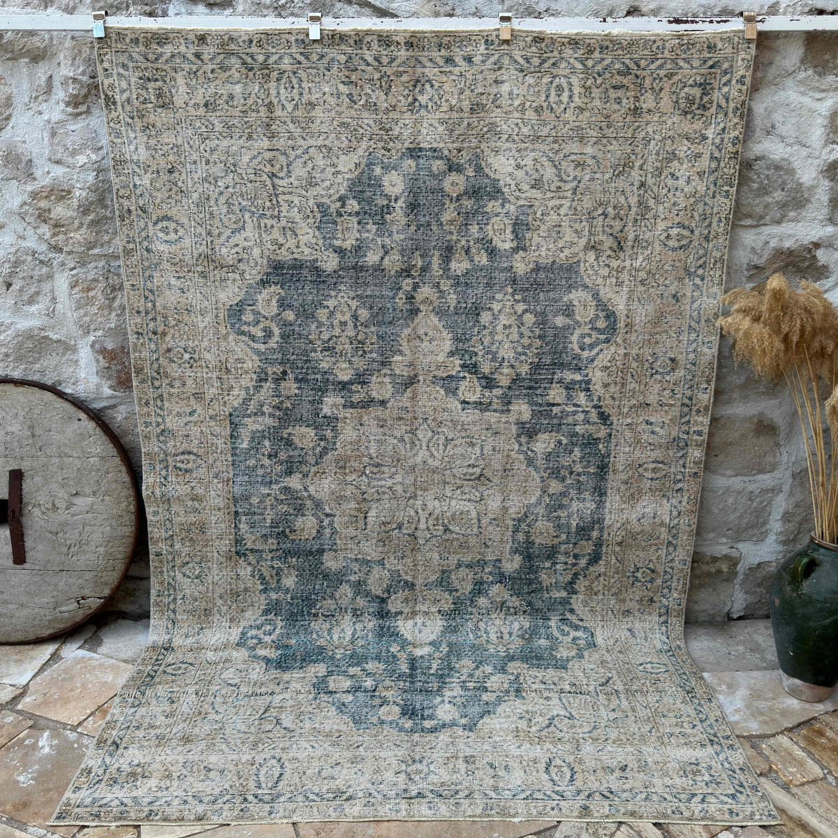 Blue 6' x 9' vintage turkish rug with medallion design, handmade in Turkey – Mateo.