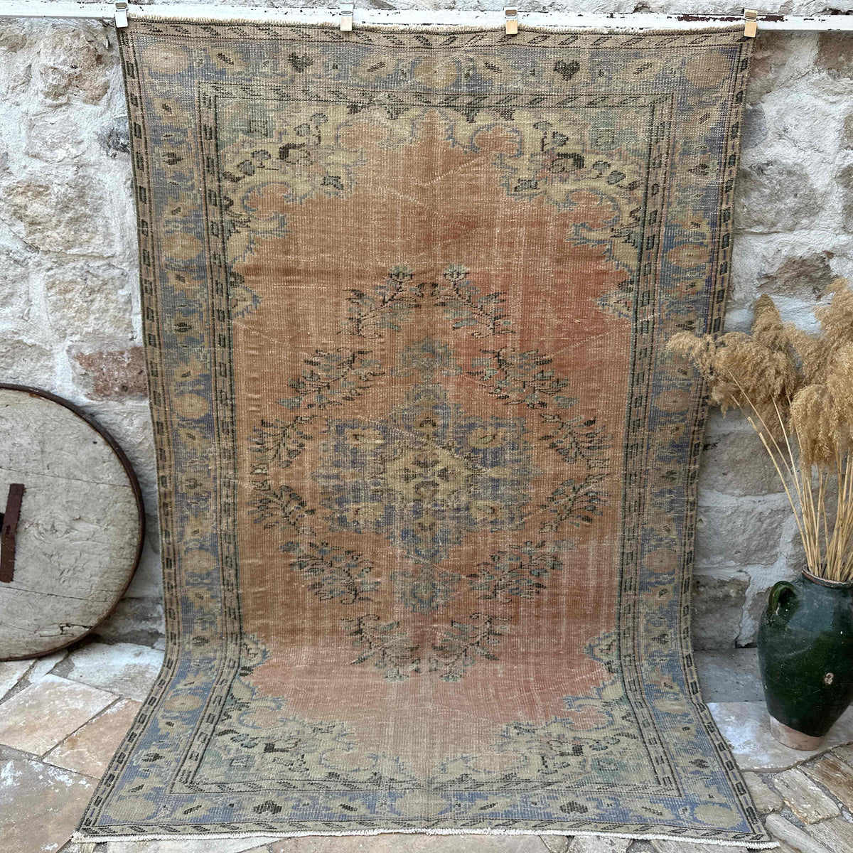 Pale Red 6' x 9' vintage turkish rug with medallion design, handmade in Turkey – Busby.