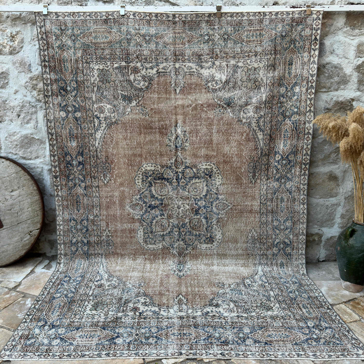 Orange 7' x 10' vintage turkish rug with medallion design, handmade in Turkey – Woodrow.