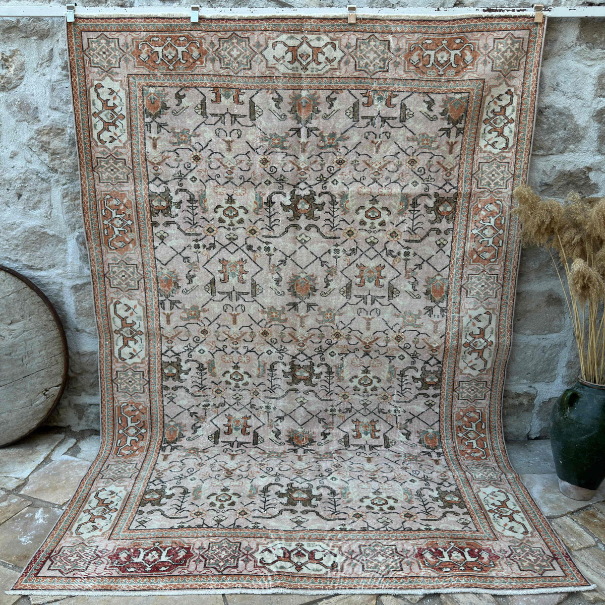 Pink 7' x 10' vintage turkish rug with geometric design, handmade in Turkey – Chris.