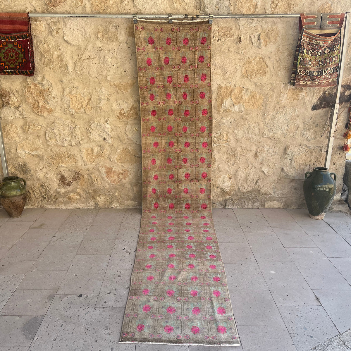 Brown 2' x 13' vintage turkish runner rug with floral design, handmade in Turkey – Zaynab.