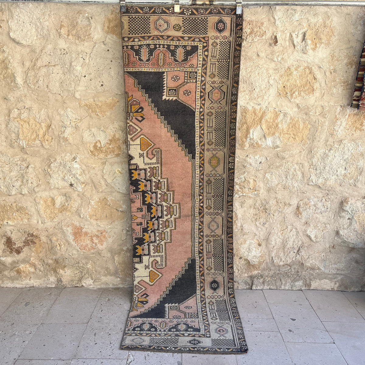 Pink 2' x 8' vintage turkish runner rug with traditional design, handmade in Turkey – Vane.