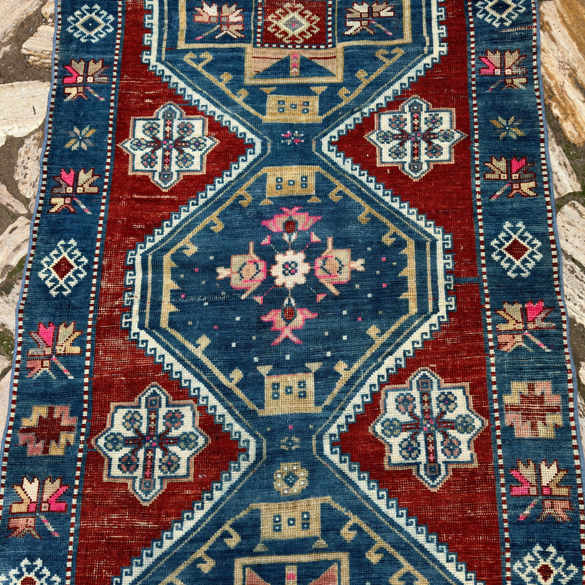 1970s blue vintage turkish runner rug with oushak design, hand-knotted weave and low pile.
