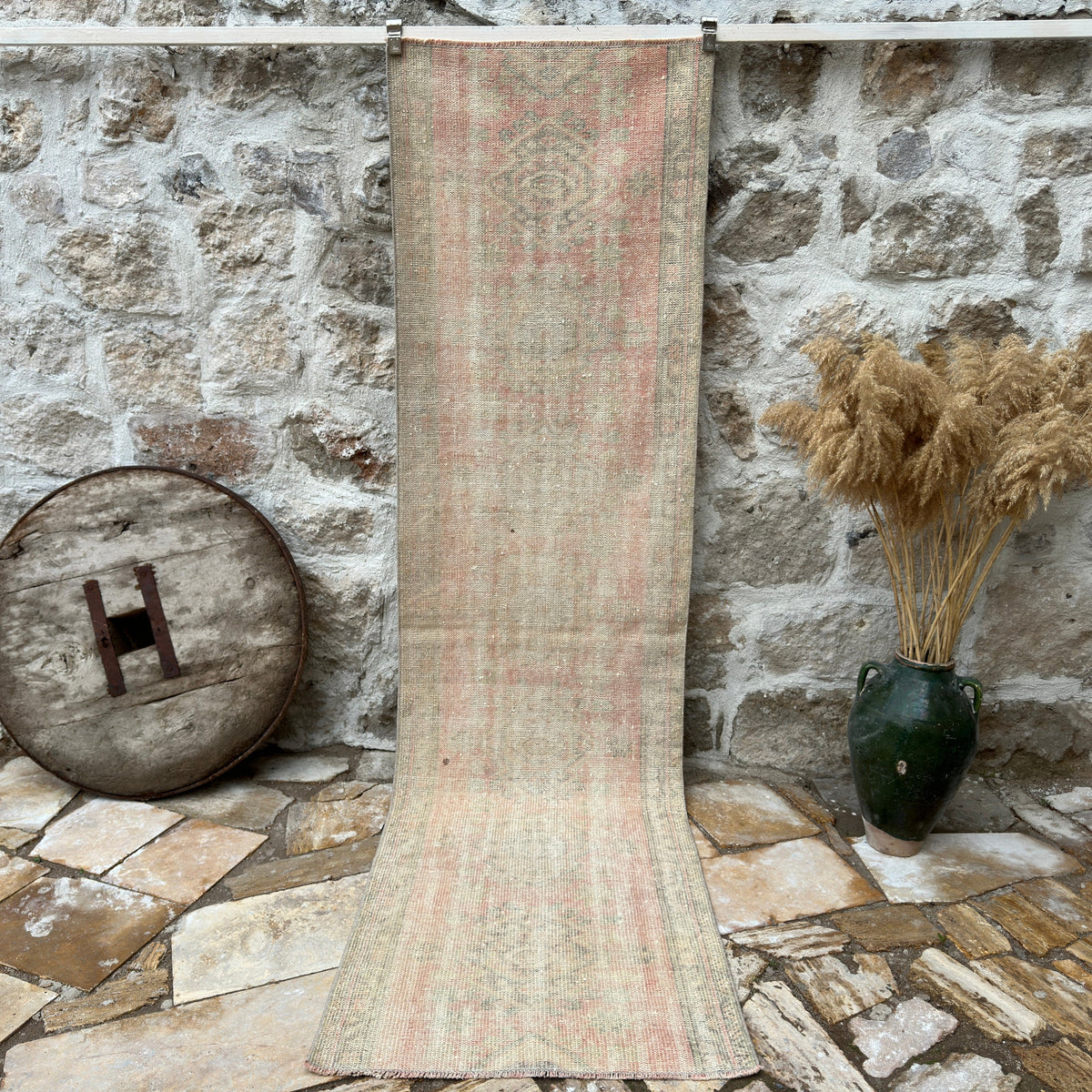 Pale Pink 3' x 10' vintage turkish runner rug with traditional design, handmade in Turkey – Kamari.
