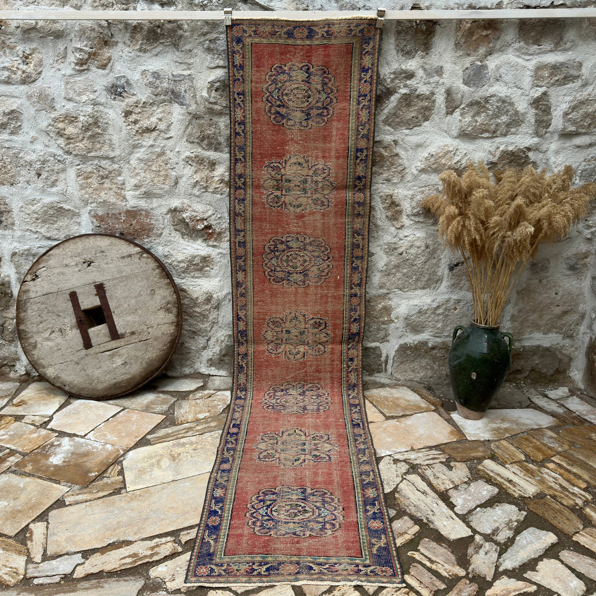 Red 3' x 11' vintage turkish runner rug with traditional design, handmade in Turkey – Earla.