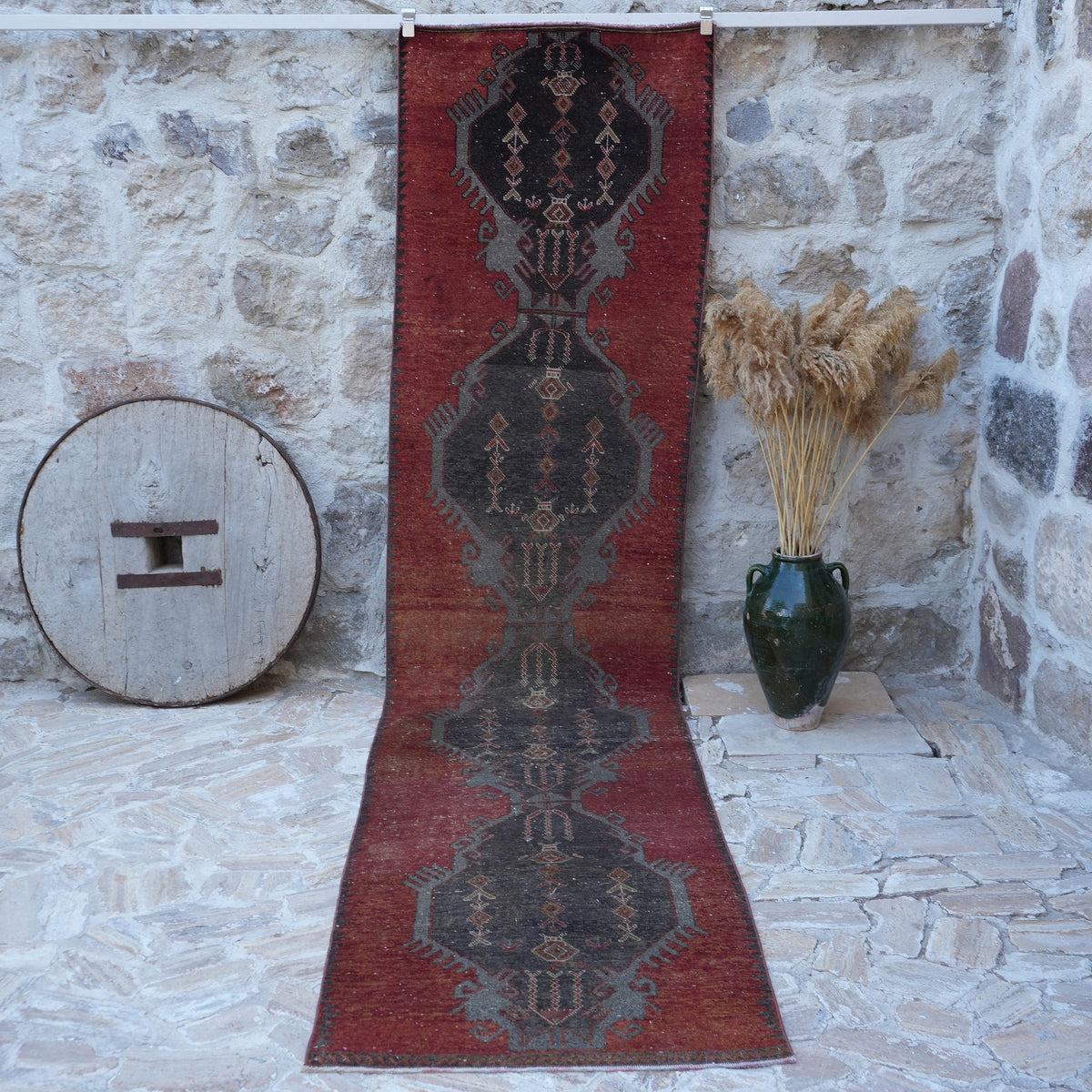 Red 3' x 13' vintage turkish runner rug with traditional design, handmade in Turkey – Vanna.