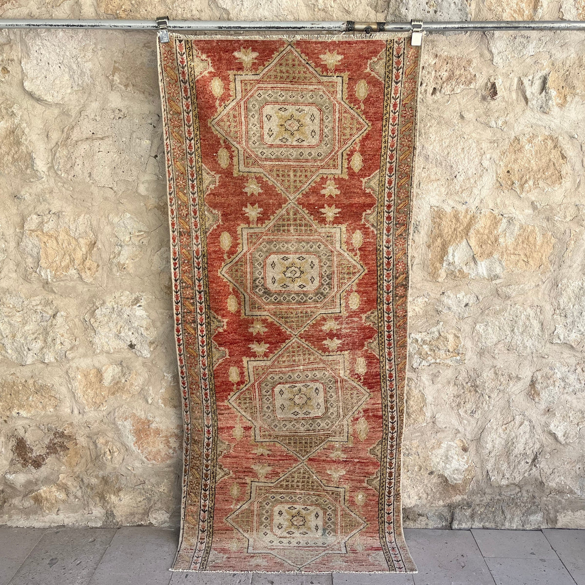 Red 3' x 7' vintage turkish runner rug with traditional design, handmade in Turkey – Lucas.