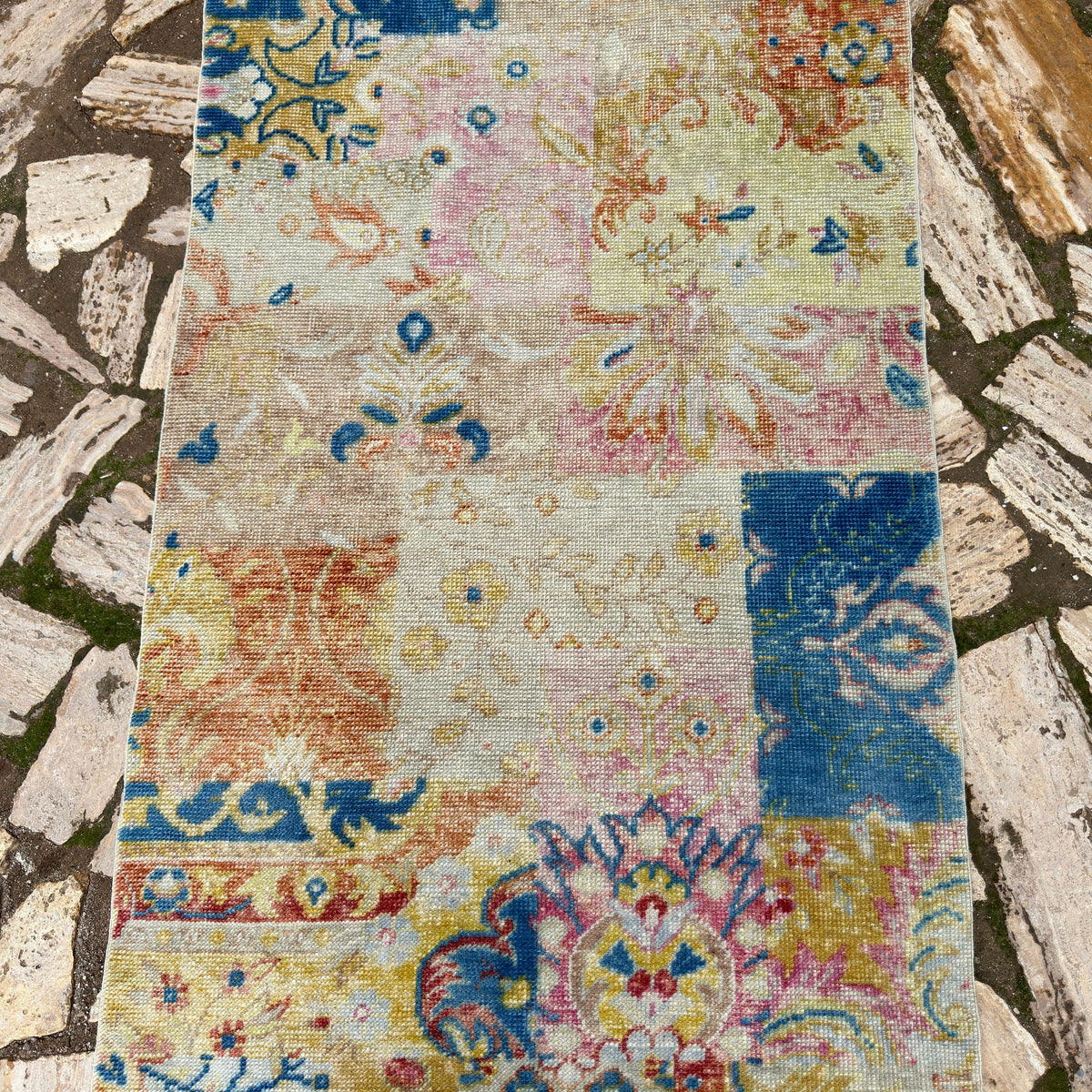 1970s blue vintage turkish runner rug with oushak design, hand-knotted weave and low pile.
