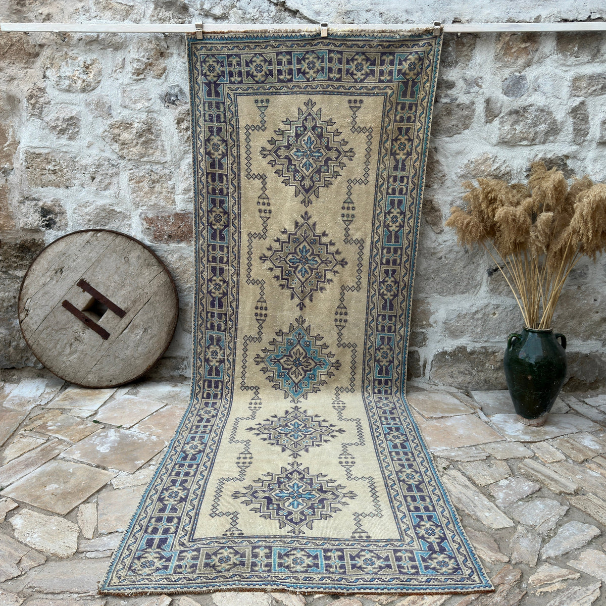 Blue 4' x 11' vintage turkish runner rug with traditional design, handmade in Turkey – Valentina.