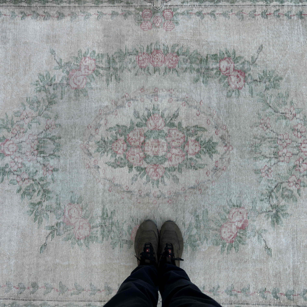 1970s beige vintage turkish runner rug with medallion design, hand-knotted weave and low pile.