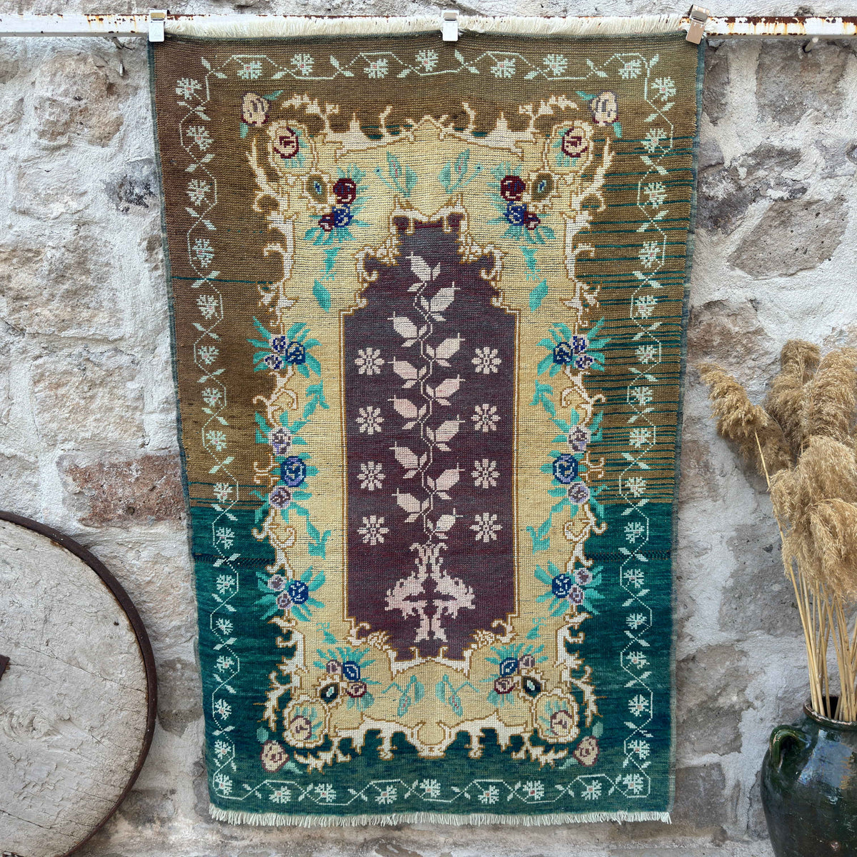 Pale Green 4' x 6' vintage wool carpet with traditional design, handmade in Turkey – Catlin.