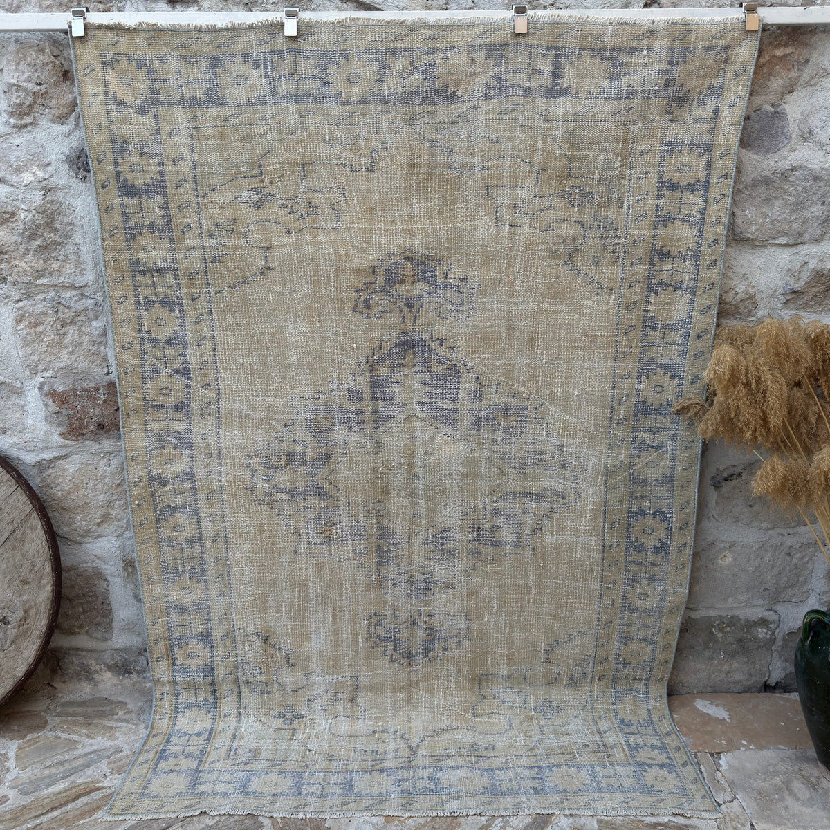 Blue 6' x 8' vintage wool distressed rug with medallion design, handmade in Turkey – Teri.