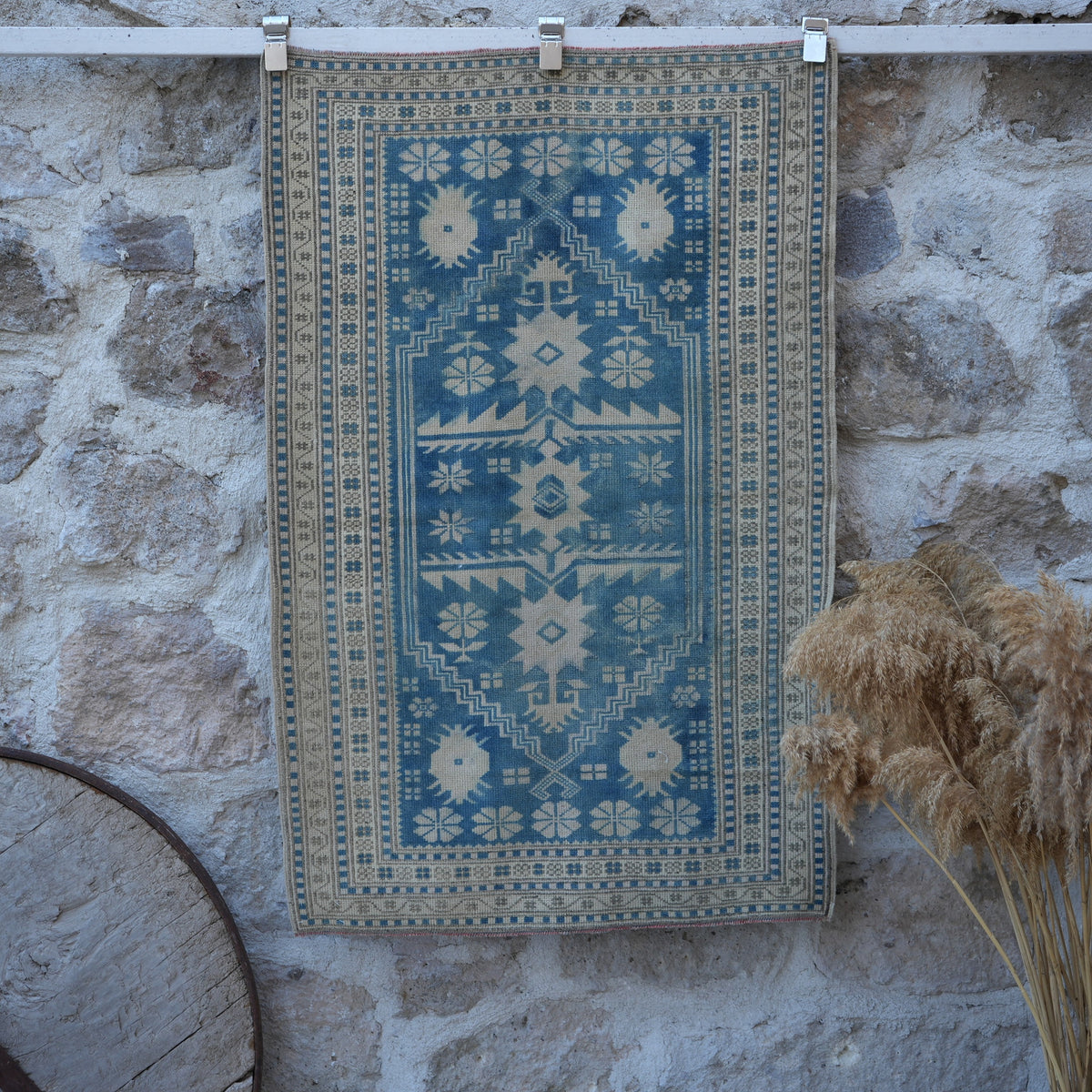 Blue 3' x 4' vintage wool rug with neutral design, handmade in Turkey – Adena.