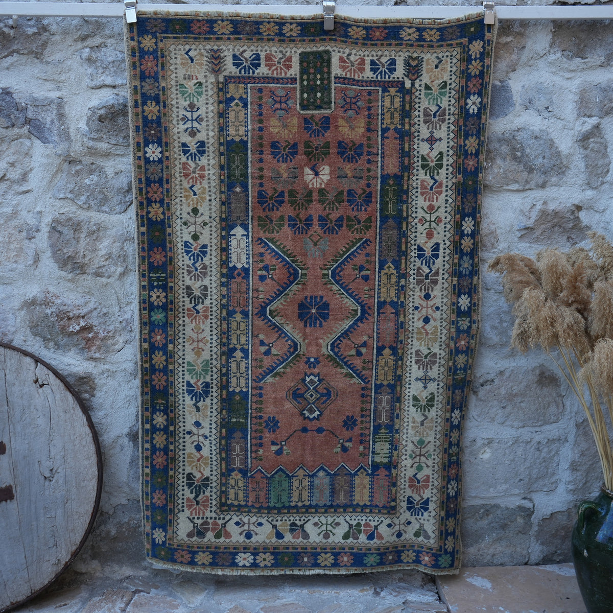 Blue 4' x 6' vintage wool rug with traditional design, handmade in Turkey – Tasia.