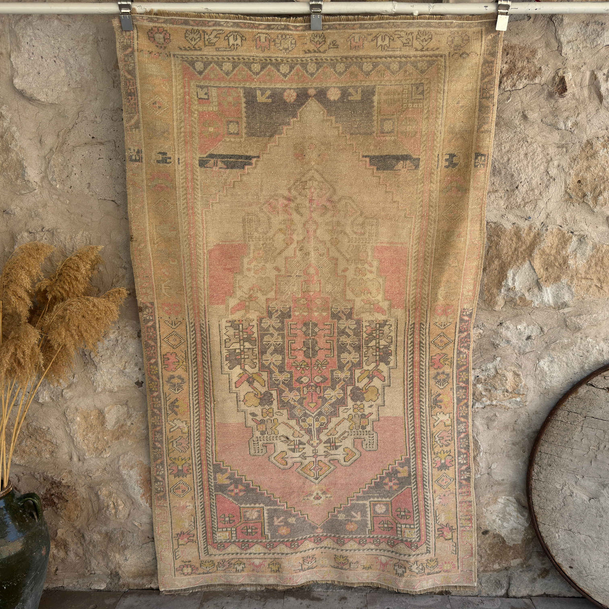 Pink 4' x 6' vintage wool rug with neutral design, handmade in Turkey – Daune.