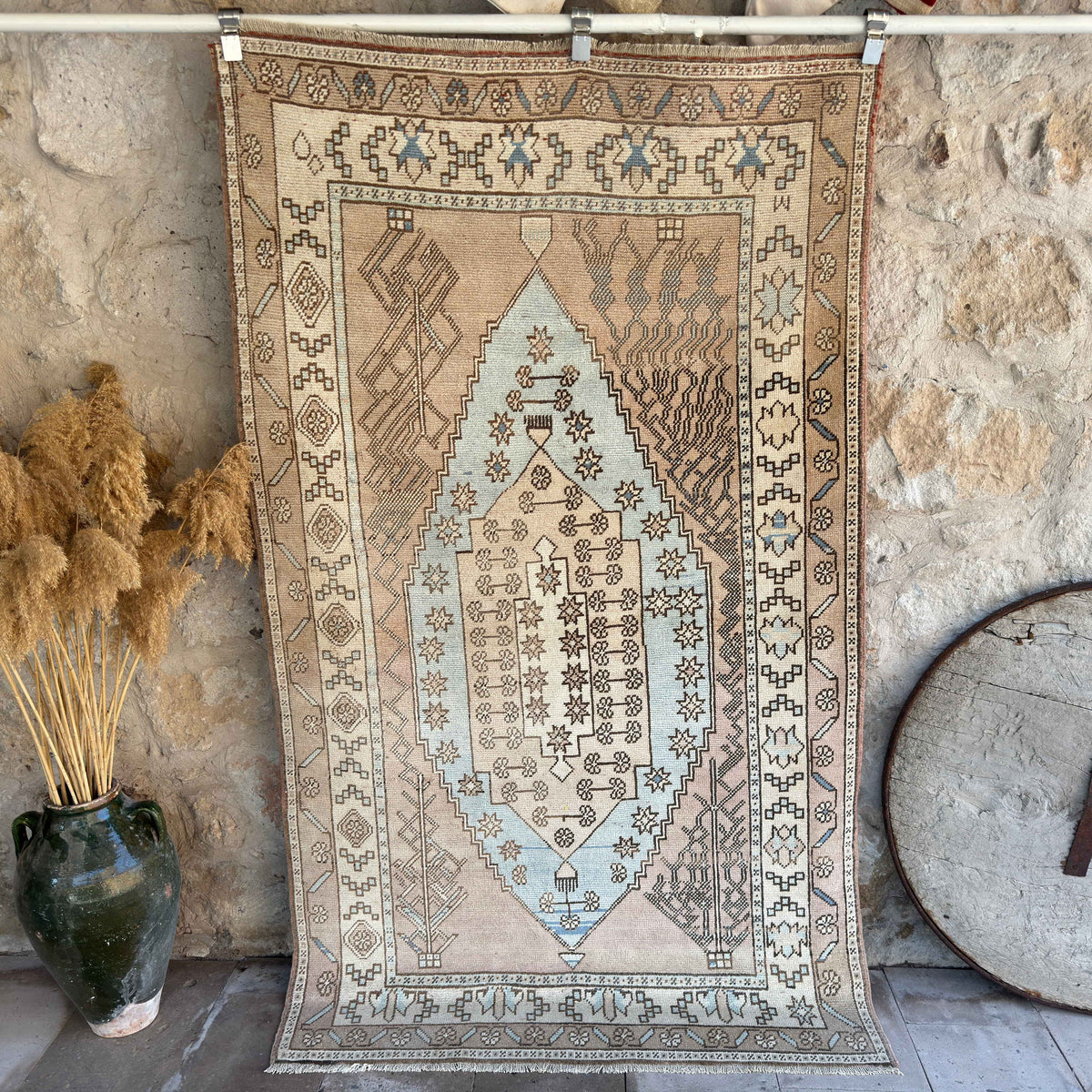Blue 4' x 7' vintage wool rug with neutral design, handmade in Turkey – Rae.
