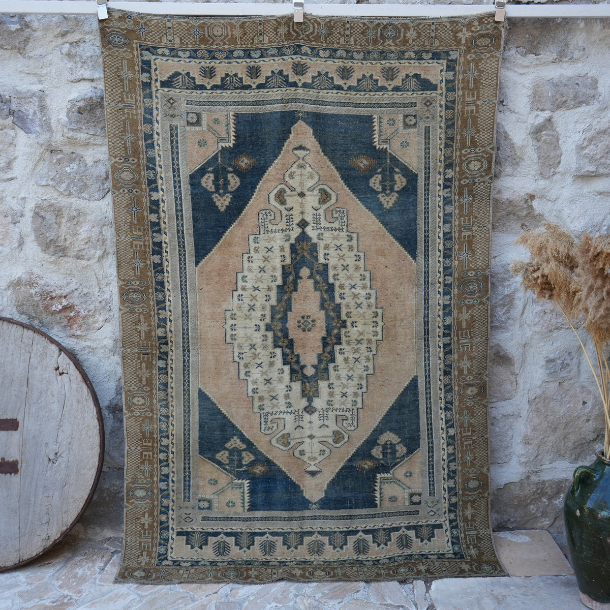 Blue 5' x 7' vintage wool rug with neutral design, handmade in Turkey – Berget.