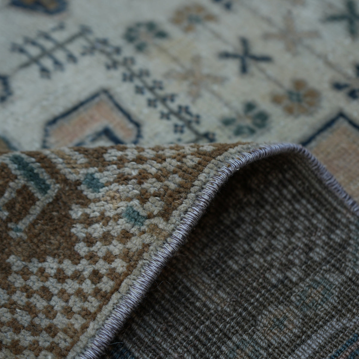 Additional view of the blue vintage Turkish wool rug, hand-knotted in wool.