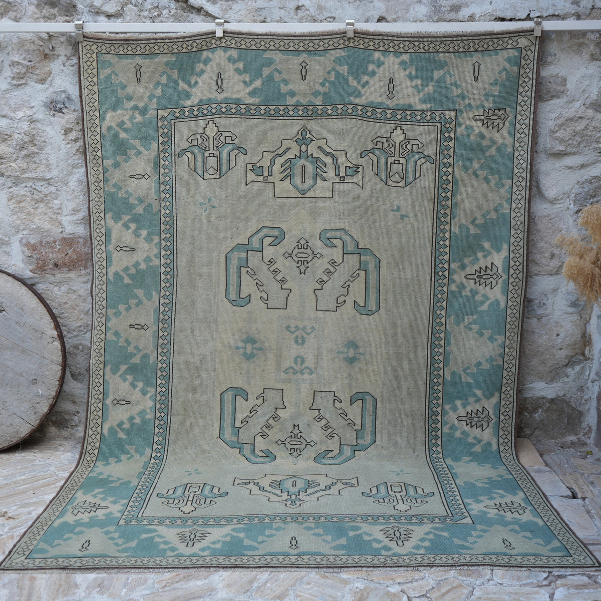 Pale Blue 7' x 10' vintage wool rug with geometric design, handmade in Turkey – Bria.