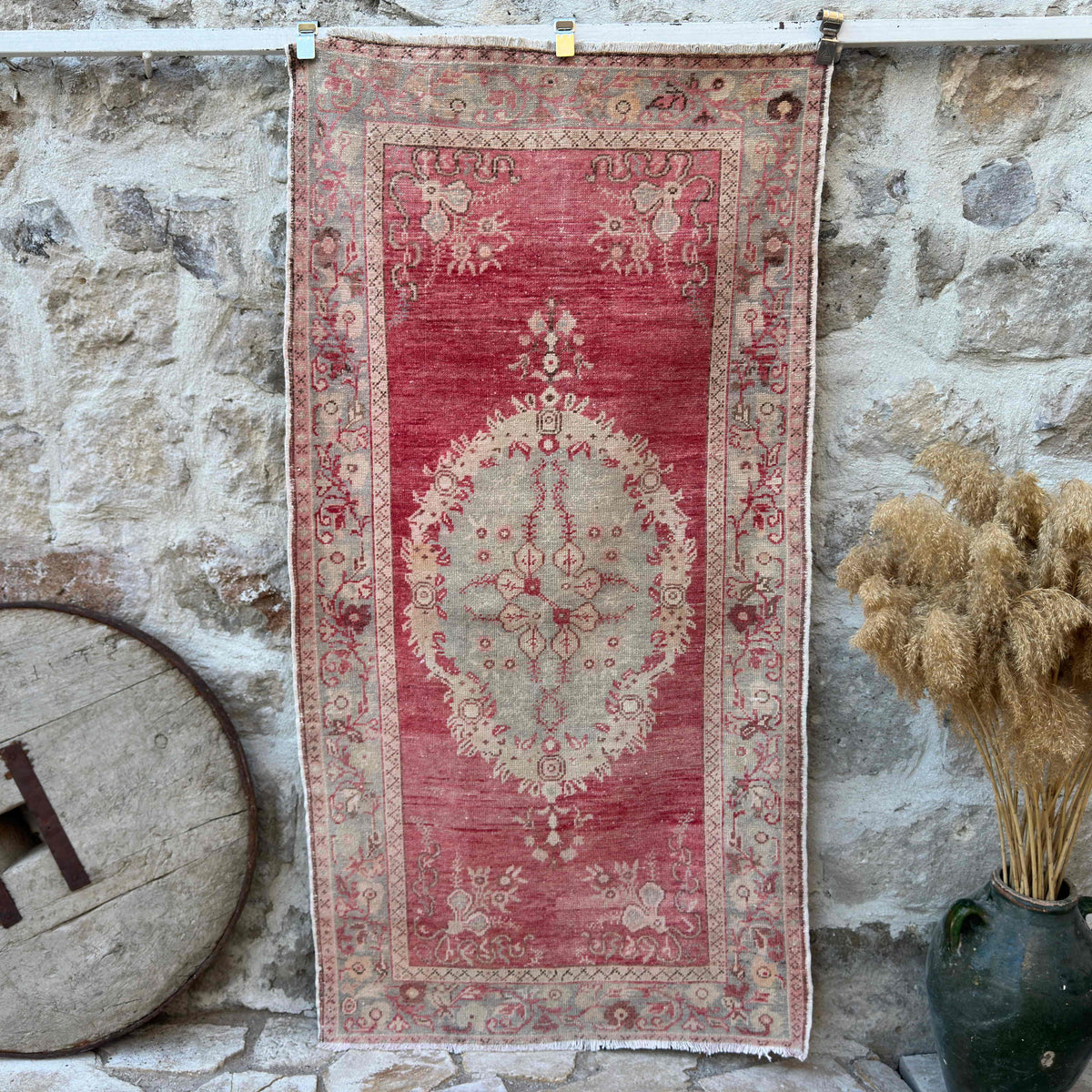 Red 3' x 7' wool vintage rug with traditional design, handmade in Turkey – Gustavo.