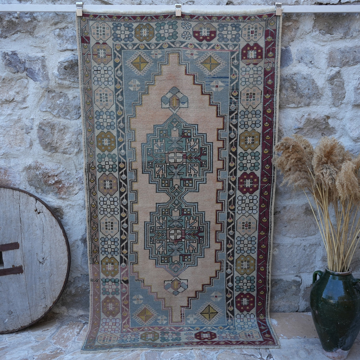 Blue 4' x 7' wool vintage rug with geometric design, handmade in Turkey – Terrie.