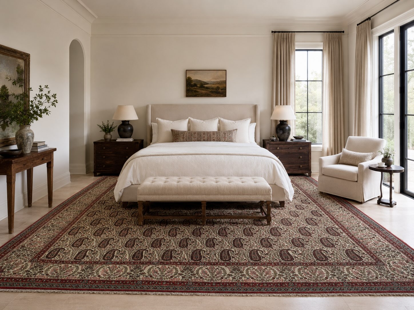 Large 10x14 vintage area rug anchoring a king bed, bench, and armchair in a primary bedroom suite