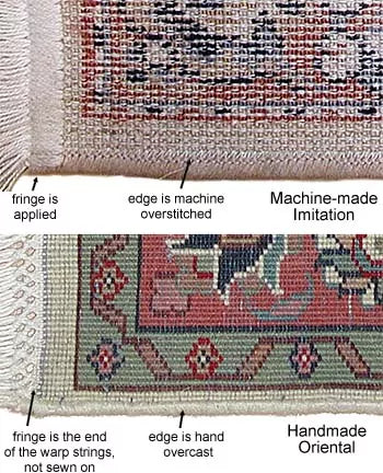 Backside comparison of a handmade rug with irregular knots and natural wool texture versus a machine-made rug with a perfect grid and glued fringe.