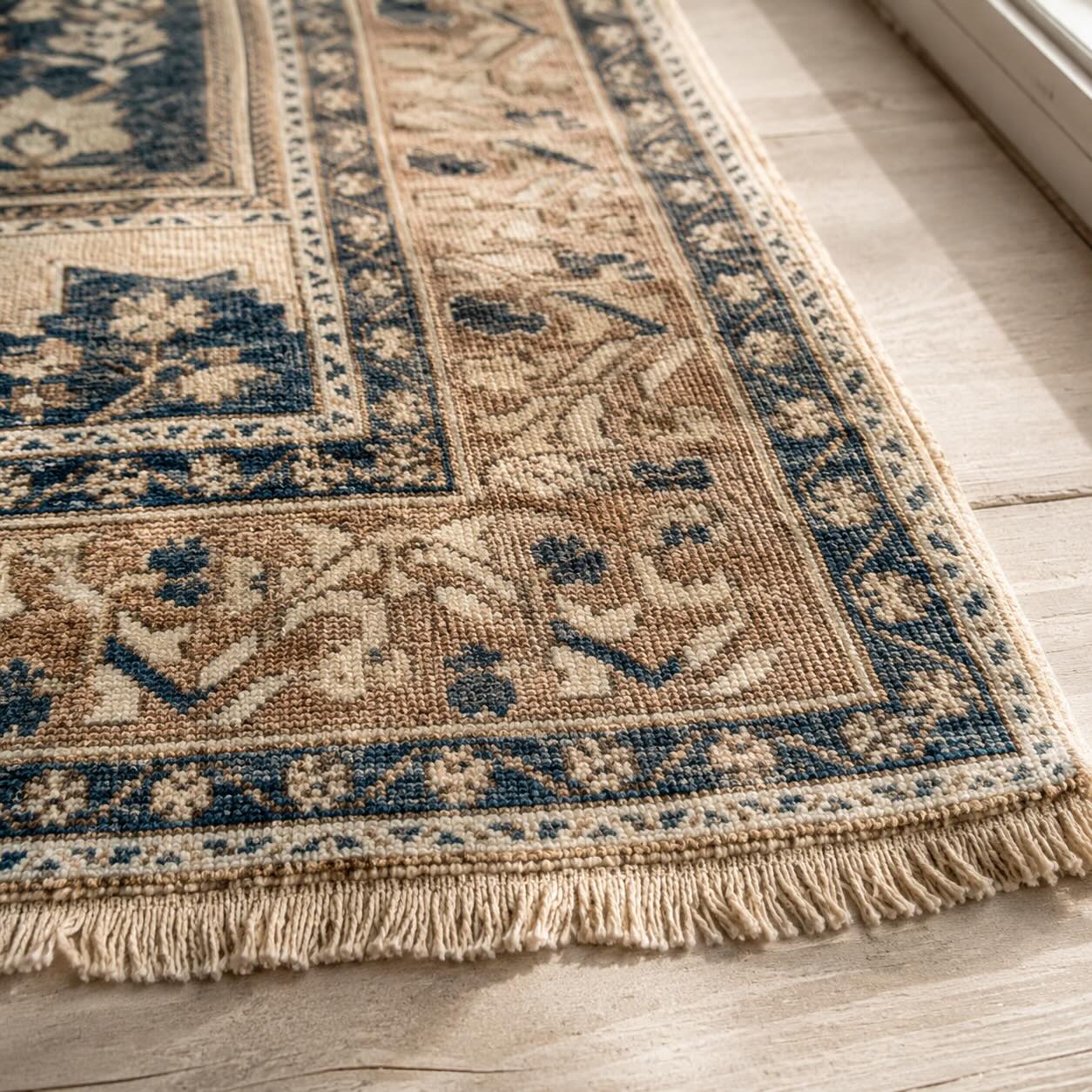 Close-up of hand-knotted fringe and edge construction on a vintage Turkish rug, the structure that cannot be trimmed or resized