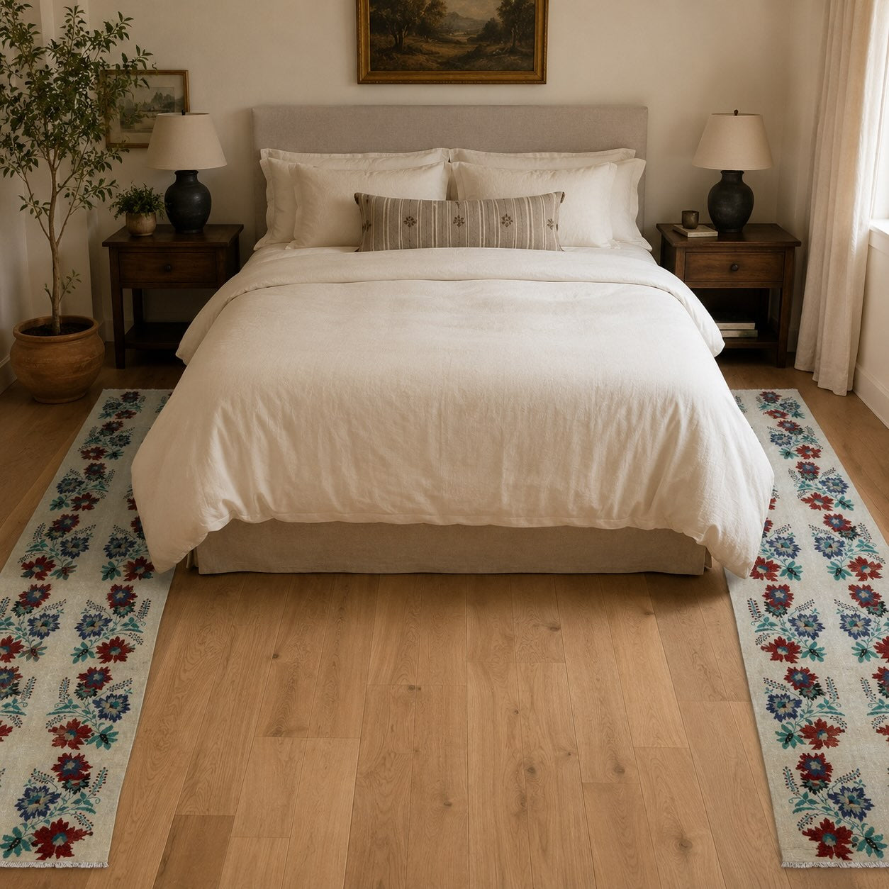 Two floral runner rugs placed on each side of a king bed as an alternative to one large area rug