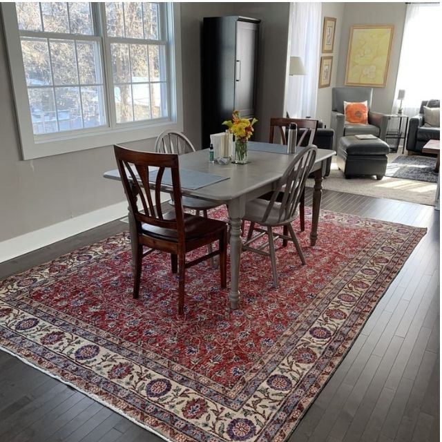 Vintage rugs styled in a dining room
