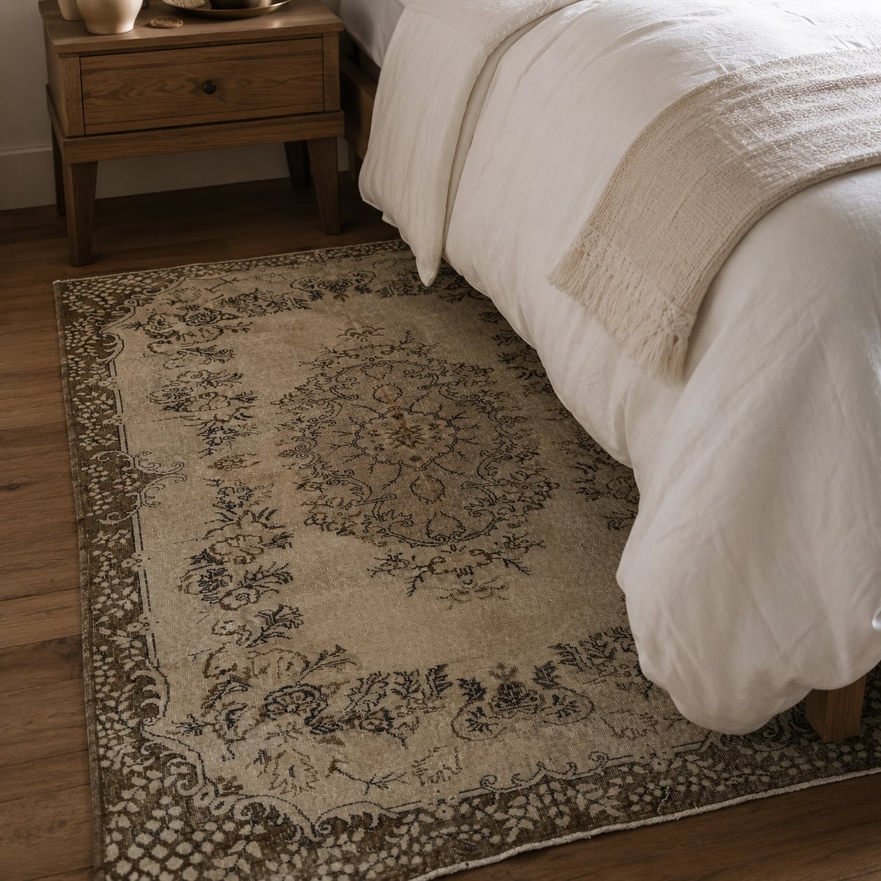 Close-up of a vintage hand-knotted rug with natural patina placed beside a king bed frame