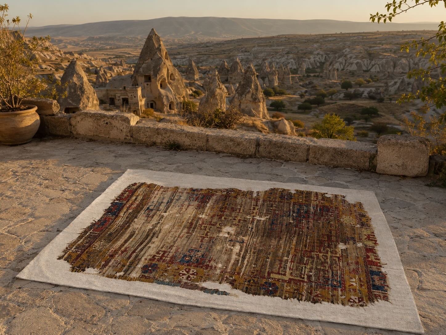 Antique Anatolian rug fragment laid on a stone terrace with Cappadocia's fairy chimney landscape behind it, representing the village weaving tradition behind higher antique rug prices