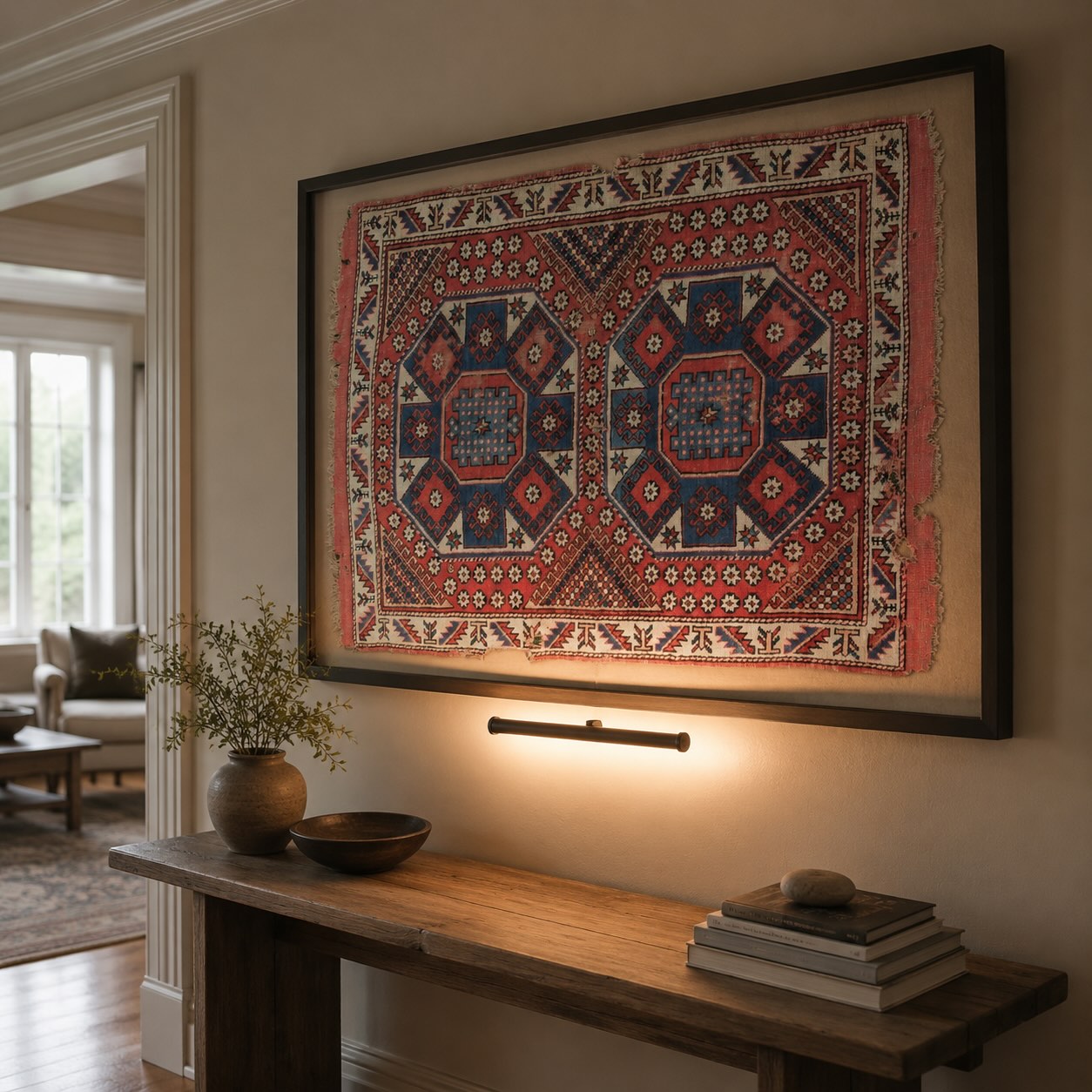 Antique Bergama rug with a double octagon medallion design, framed and lit as wall art above a console table, illustrating why fragile antique rugs are best displayed rather than walked on