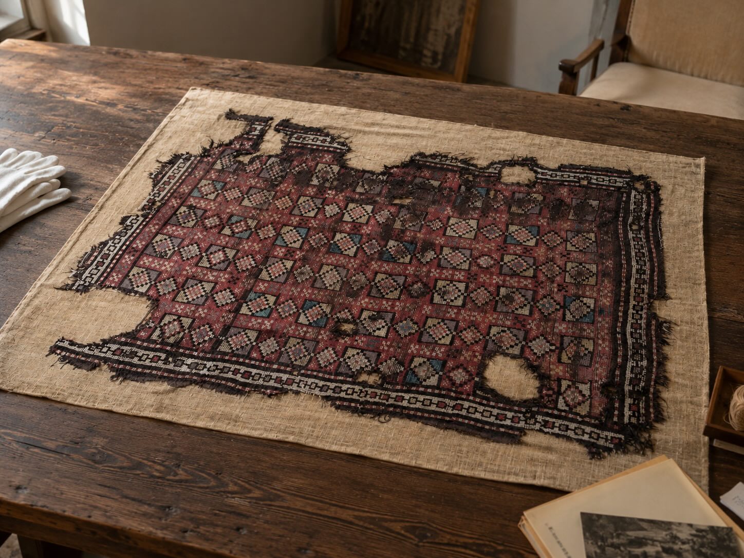 180-year-old Bozkır rug fragment displayed on a wooden table with cotton gloves and archival documents, illustrating how genuinely rare antique rugs hold collector value over time