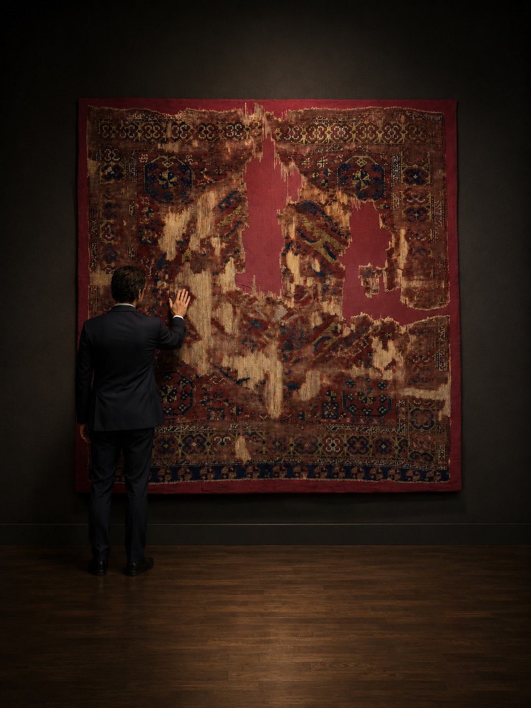 Visitor examining a fragile 18th-century Holbein-style antique Bergama rug fragment mounted and lit on a gallery wall, showing how genuinely old antique rugs are treated as art rather than floor coverings