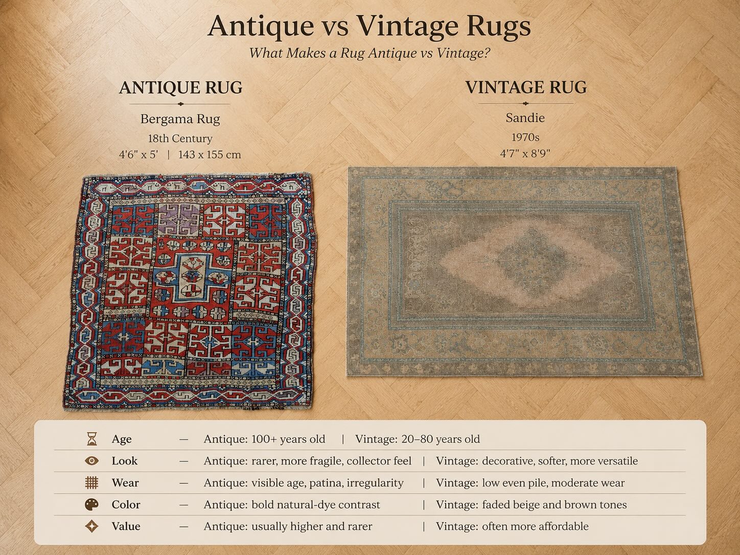 Infographic comparing an 18th-century antique Bergama rug with a 1970s vintage Sandie rug, showing differences in age, wear, color, and value