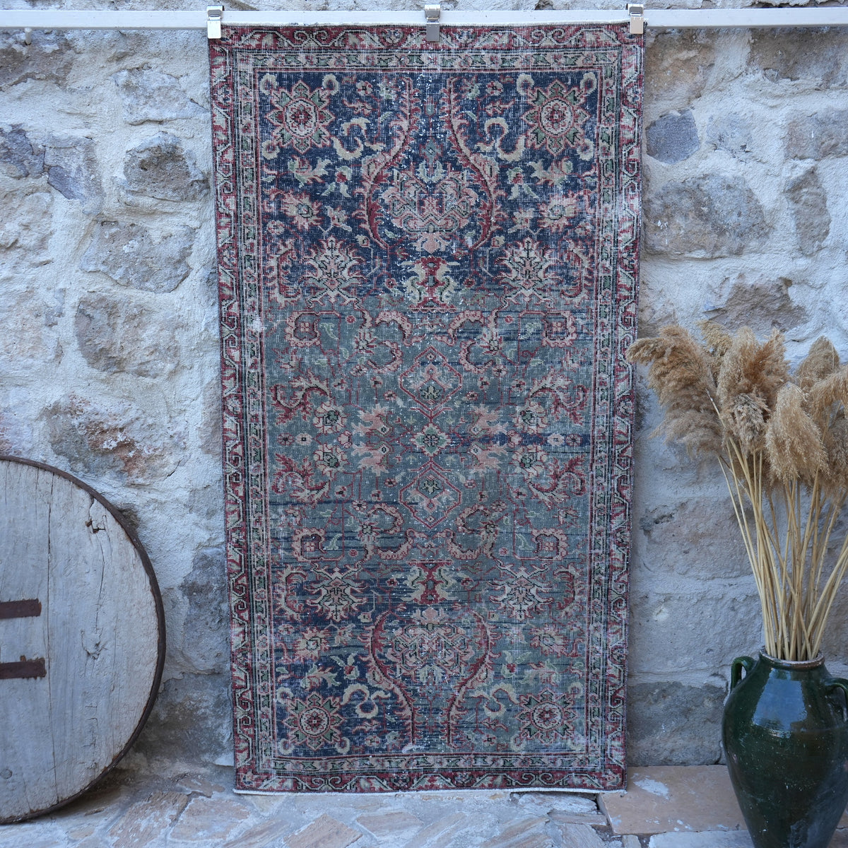 Blue 4' x 7' authentic vintage rug with traditional design, handmade in Turkey – Donna.
