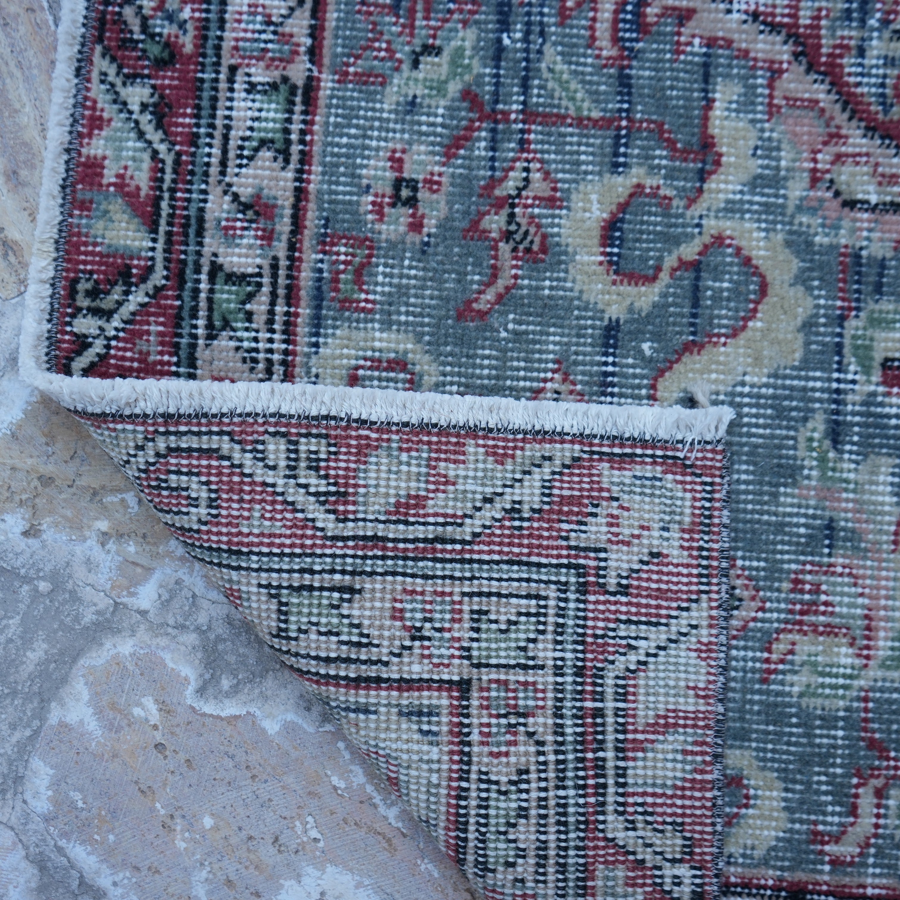 1970s blue Turkish authentic vintage rug with traditional design, hand-knotted weave and low pile.