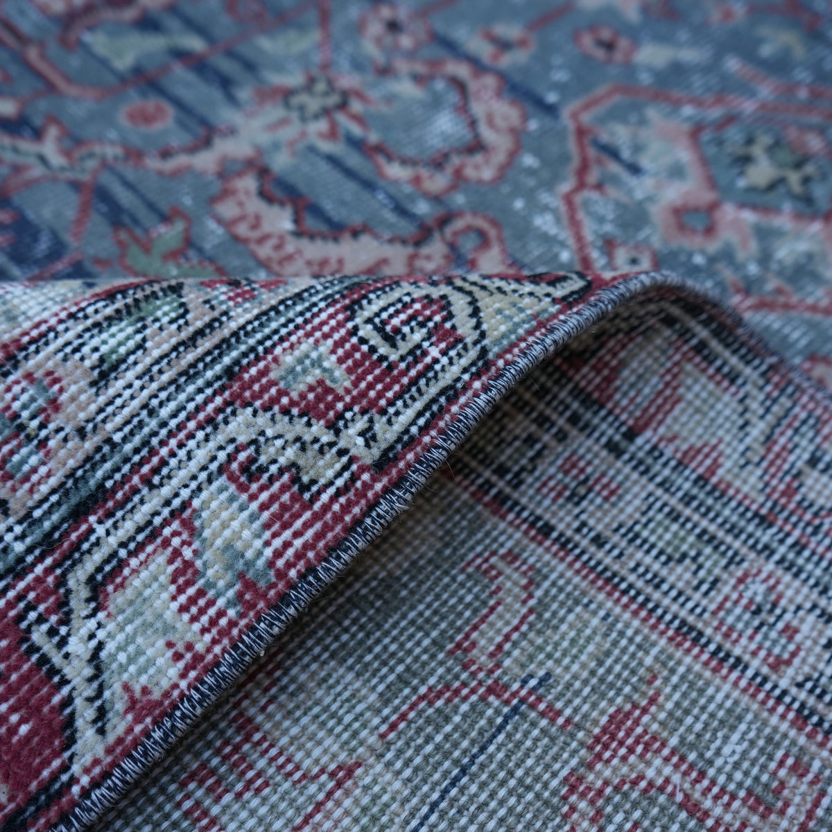 Additional view of the blue Turkish authentic vintage rug, hand-knotted in wool and cotton.