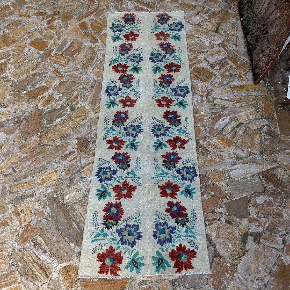 Beige 3' x 11' Turkish authentic vintage runner rug in wool and cotton, shown on the floor.