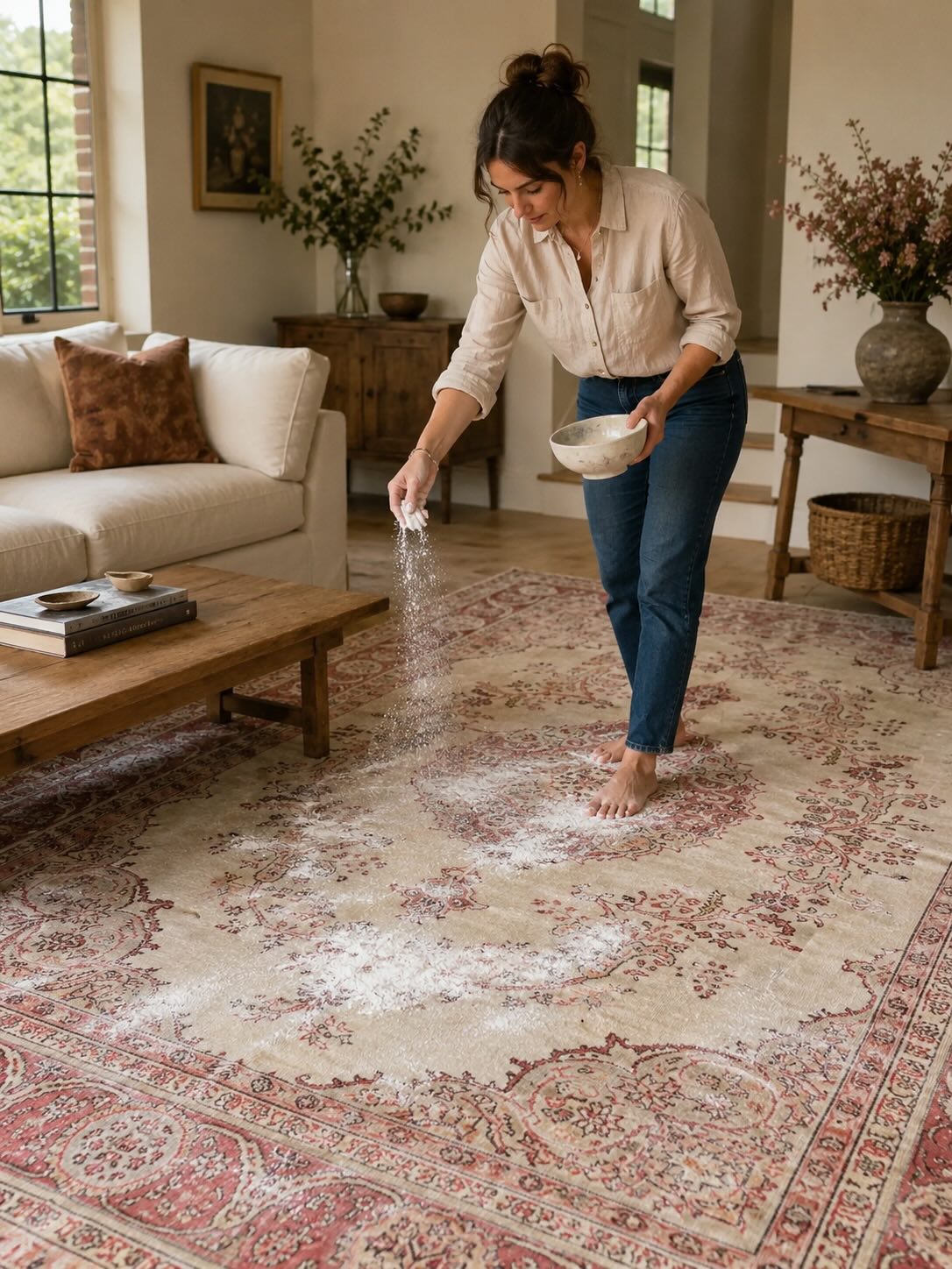 Woman sprinkling baking soda from a ceramic bowl onto a large vintage Turkish Oushak rug in a bright American living room