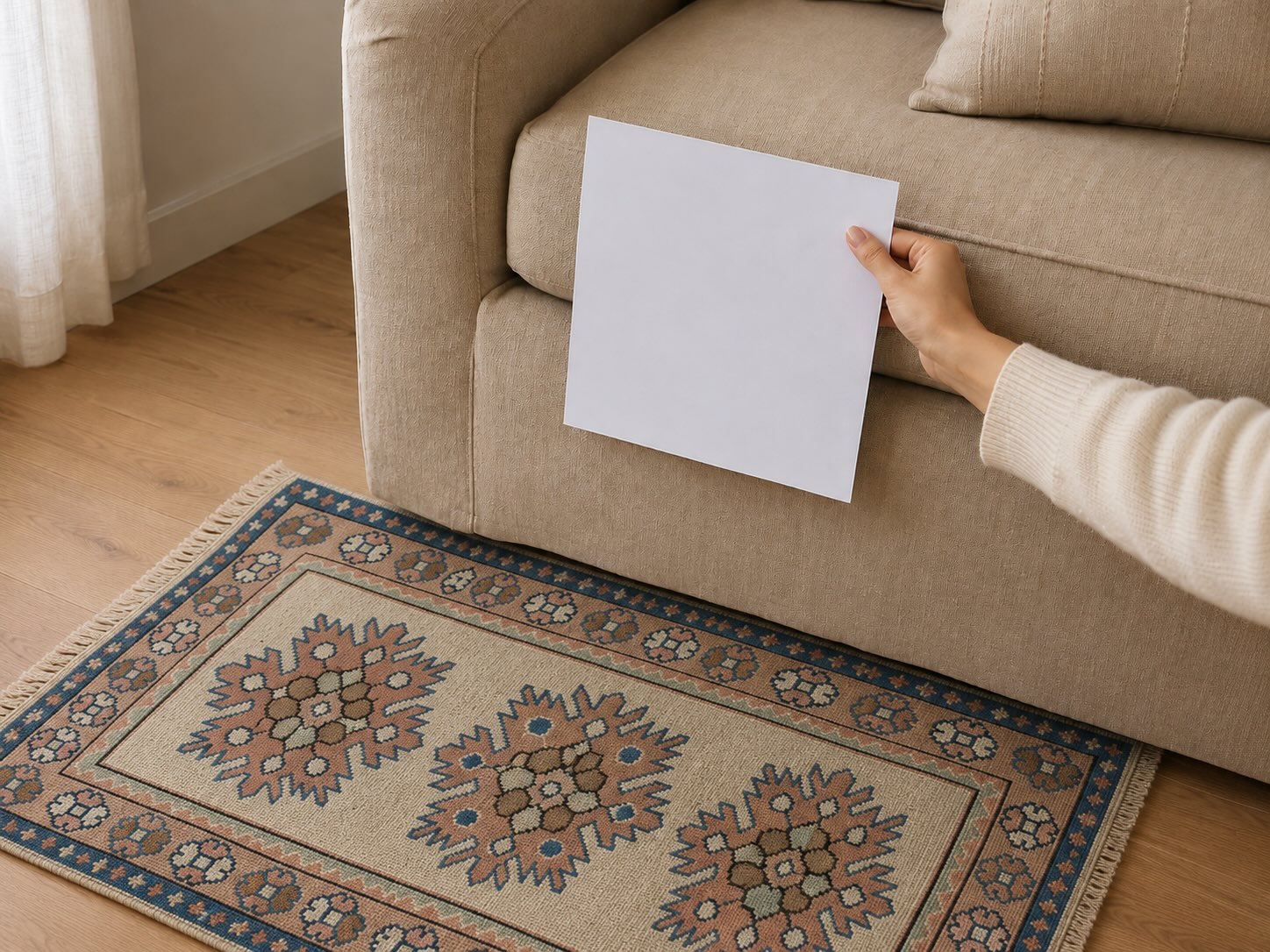 Hand holding a white paper against a beige couch to test warm vs cool undertone, with the Hart vintage beige and blue Turkish rug visible on the floor.