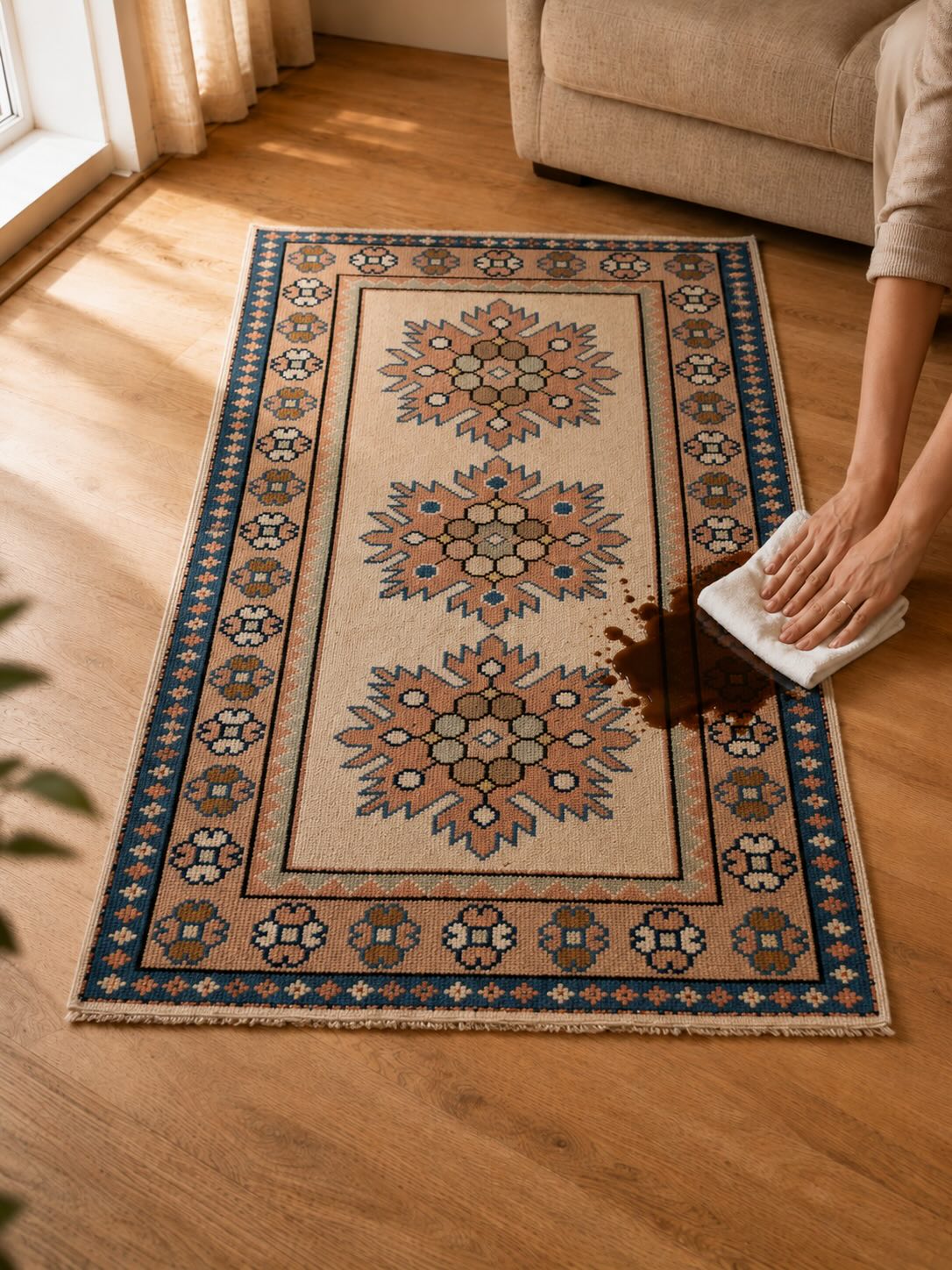 Hands blotting a fresh coffee stain on a vintage rug with a plain white cloth